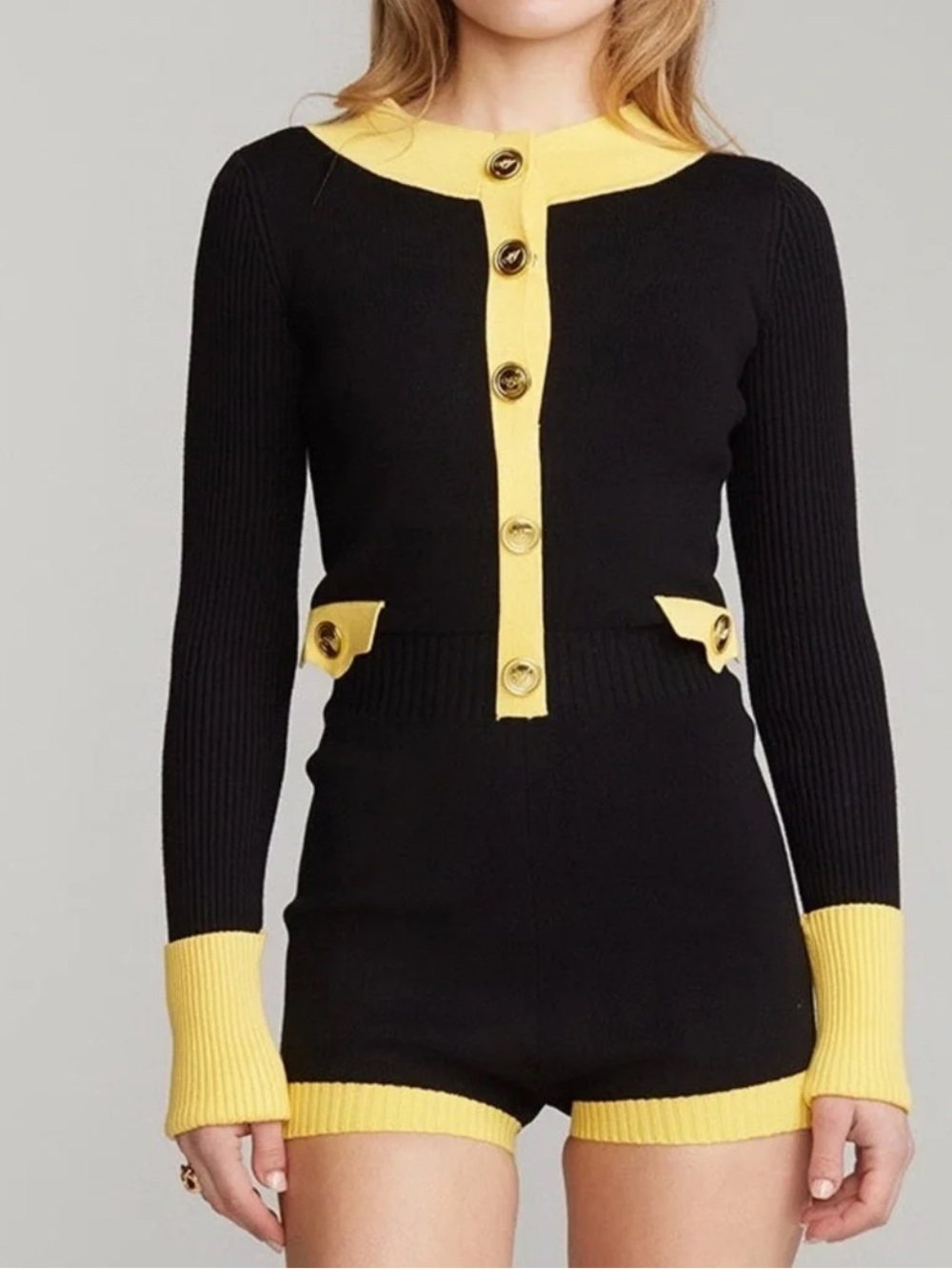 HUGE ISO Nana Jacqueline Black and Yellow Matilda Knit Button-Front Romper